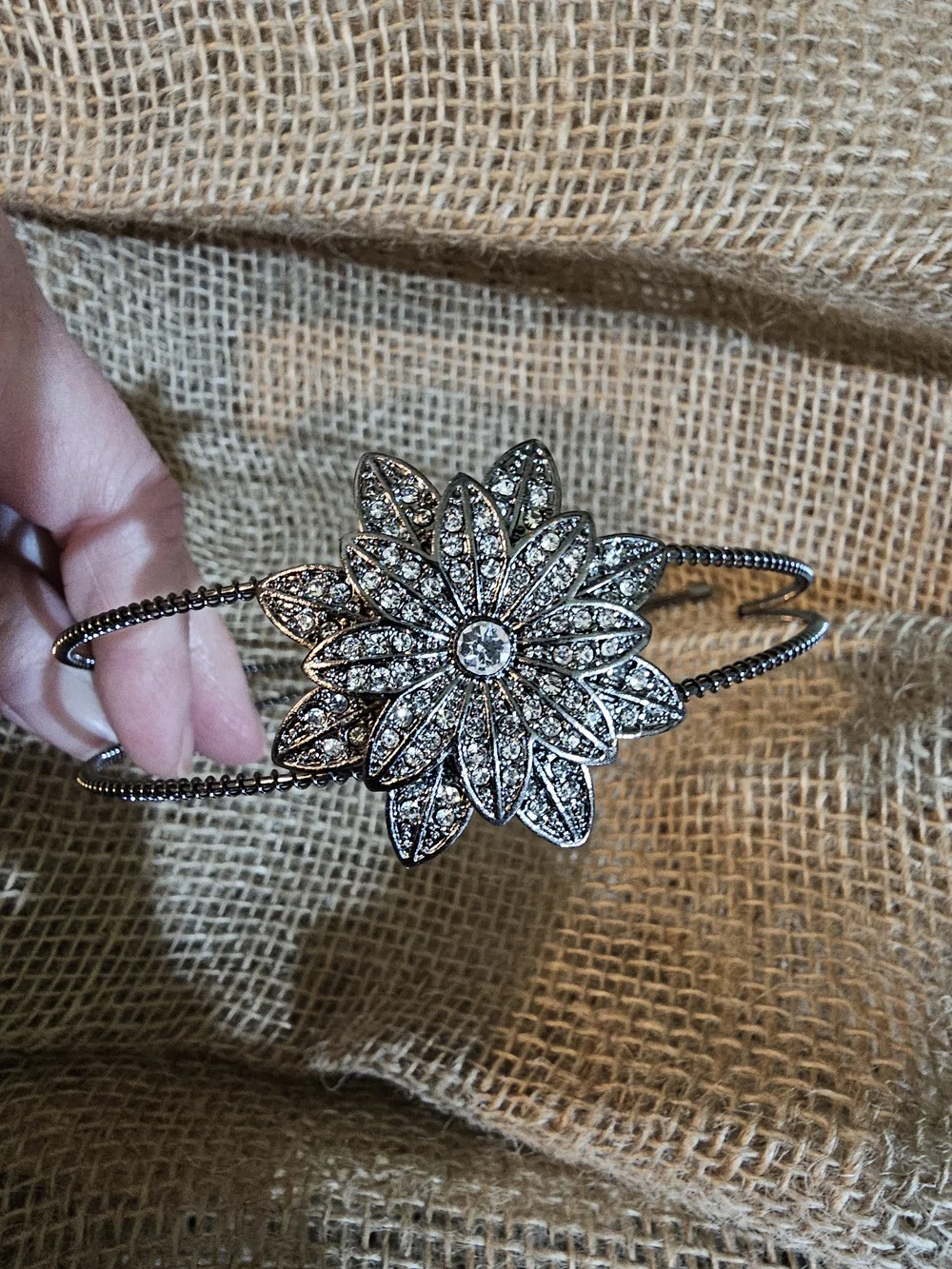 Rhinestone Flower Double-Band Metal Headband - Silver
